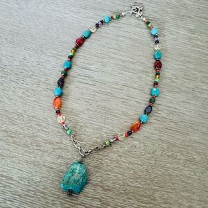 Barse 925 Silver Turquoise Stone Pendant Multicolor Boho Beaded Necklace